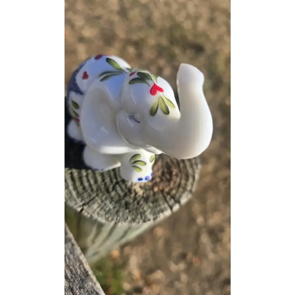 Fenton Glass Hand Painted Elephant Figure K Brightbill Hearts Flowers Blue White